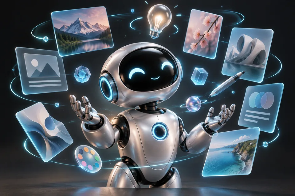 Silver AI robot surrounded by cyan editorial cards and creative ideas