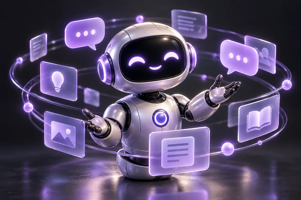 Silver customer support robot with violet conversation rings and knowledge cards