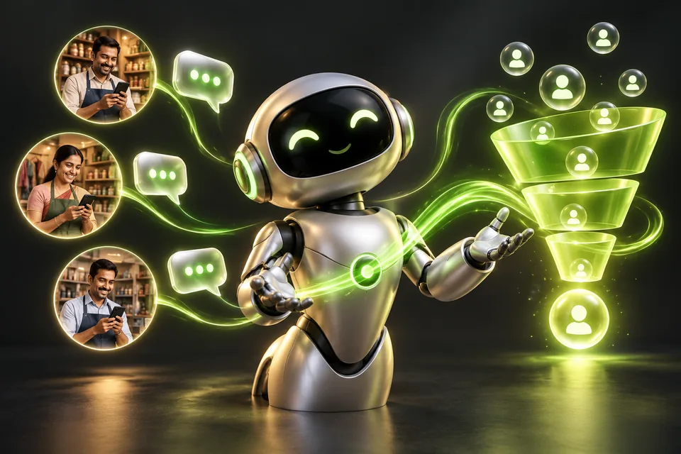 Silver AI robot connecting small-business customer messages to a luminous lime lead funnel
