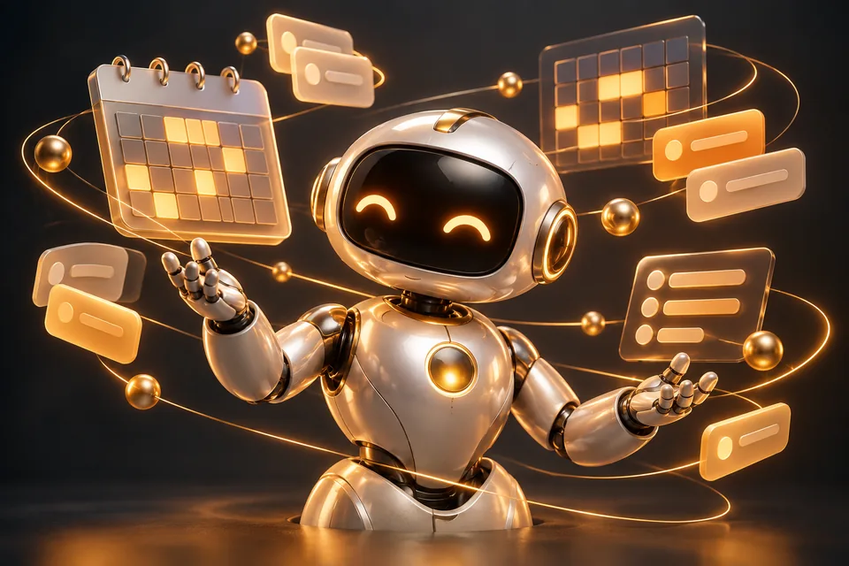 Silver personal AI robot arranging amber calendar blocks and orbital tasks